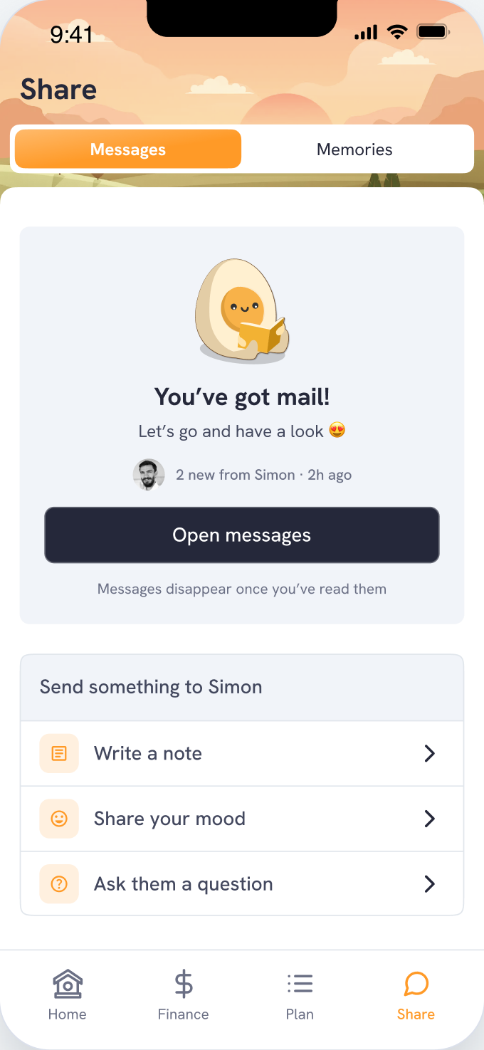 The Share tab showing a new message from your partner